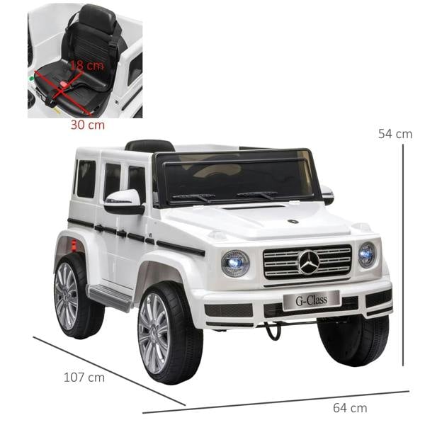 White kids electric ride-on car toy with front grille, headlights, and seat width dimensions
