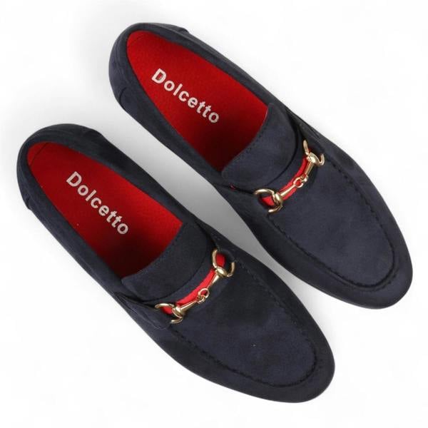 Dolcetto Men's Suede Loafers with Gold Buckle Slip-On Dress Shoes