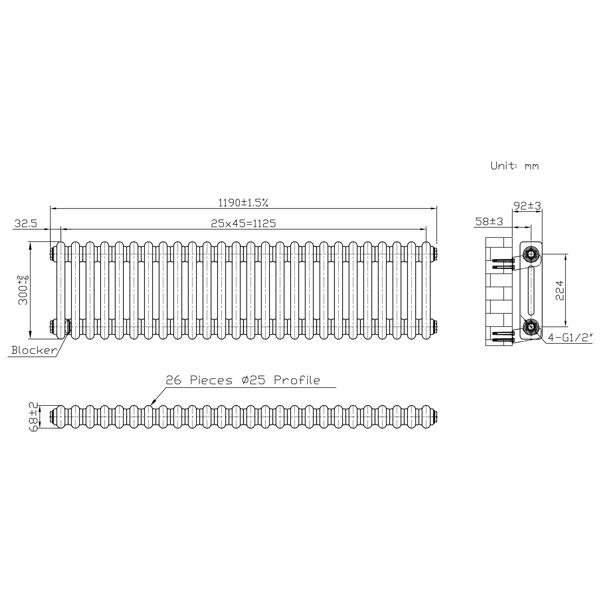 Monstershop Traditional 2 Column Radiator - 300 x 1190mm - Raw Metal