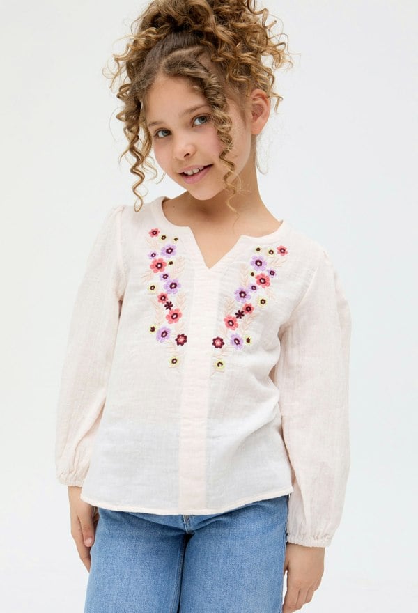 Kids Dina V-Neck Embroidered cotton Blouse In Cream - image 3