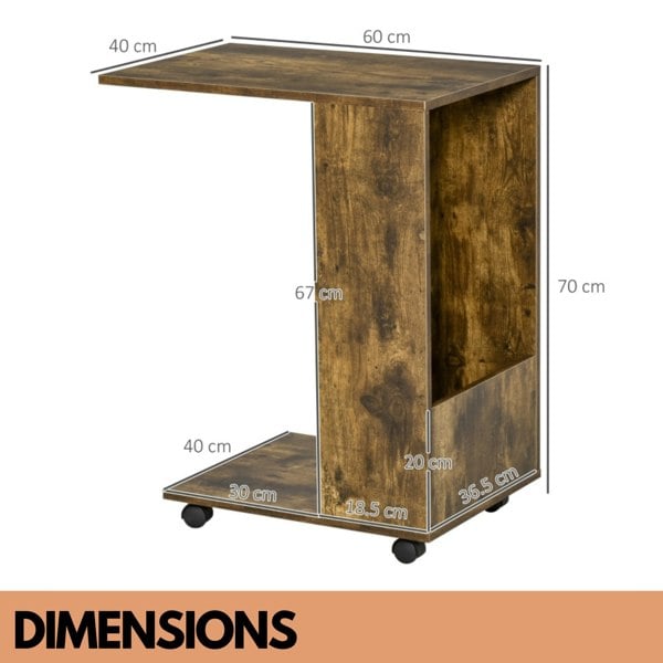 Rafaelo Mobilia Industrial Brown C Shaped Side Table With Storage & Wheels