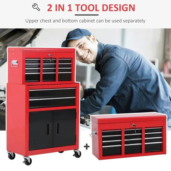 Red metal tool chest with top drawer bays, middle drawer, and double-door cabinet