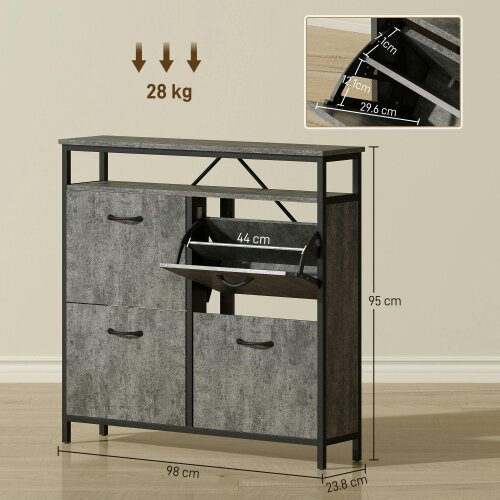Wyld Haus Verala Wooden Cement Effect Grey Shoe Cabinet With 4 Flip Drawers And Shelf