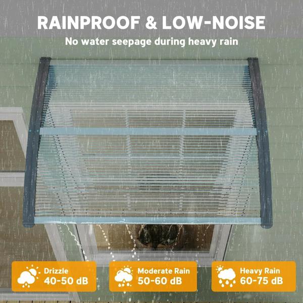 Clear arched polycarbonate rain shelter awning with ridged panel and metal side frame