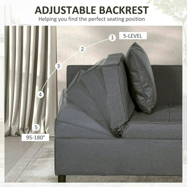 Grey sofa bed with adjustable backrest and two padded cushions