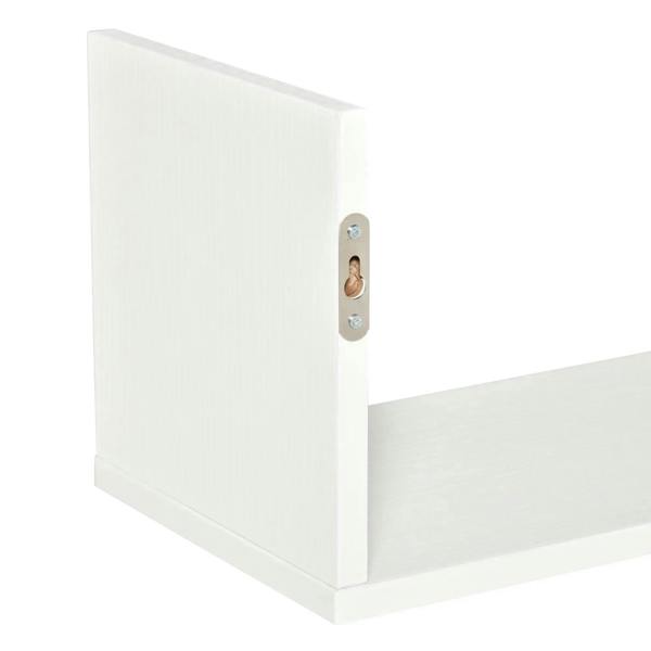 White U-shaped floating shelf end panel with metal mounting plate detail