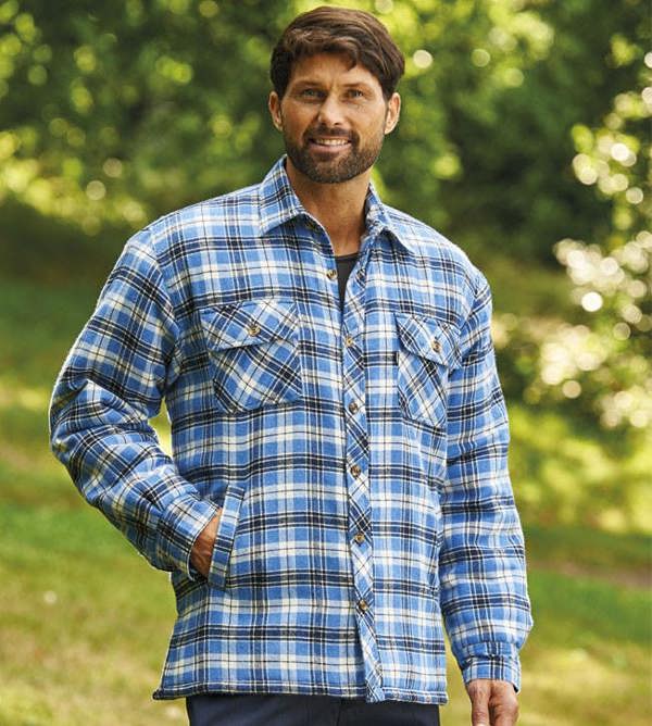 Pennine Sherpa fleece-lined shirt in blue check, heavy flannel outer with soft lining for field sports, farm work, or winter walks