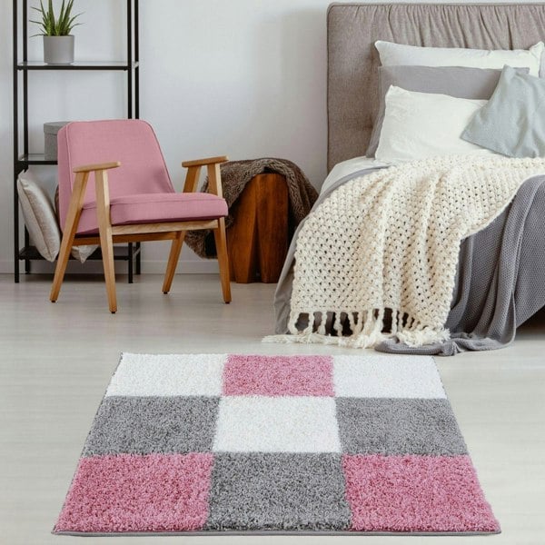 Geometric Design Thick Shaggy Area Rugs Pink