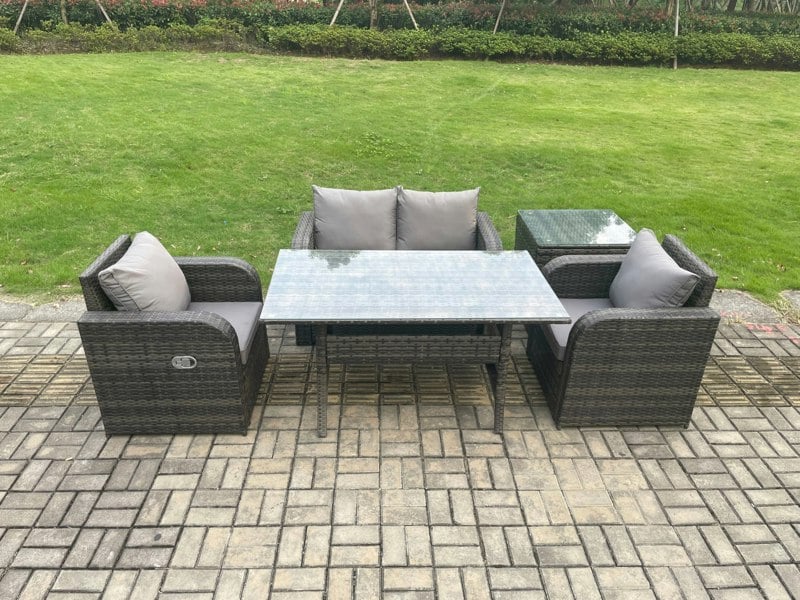 Fimous Outdoor Rattan Garden Furniture Lounge Sofa Set With Oblong Rectangular Dining Table 2 PC Reclining Chair Side Table
