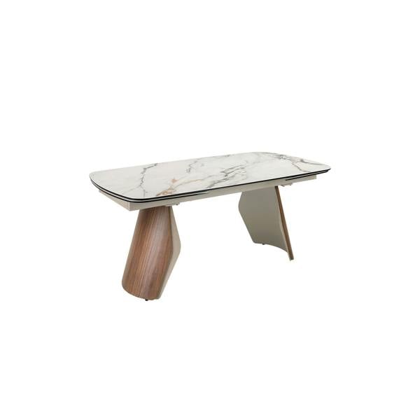 Angel Cerdá Oval barrel-shaped extendable dining table with porcelain marble top, metallic sand-coloured steel and walnut wood 1193