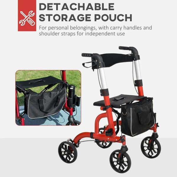 Lightweight Walking Frame, Folding Rollator Walker with Seat and Backrest, Red