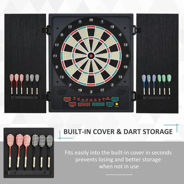 Black dartboard cabinet with built-in cover and 12 soft-tip darts in storage rack