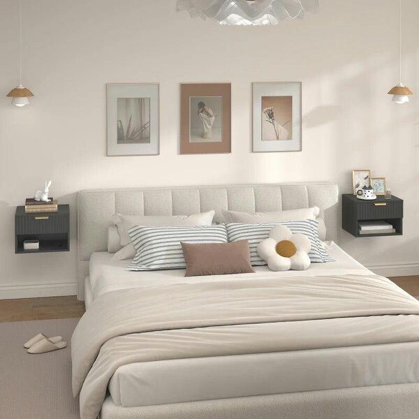 Floating Nightstands Set of 2, Modern Wall Mounted Bedside Tables, Black