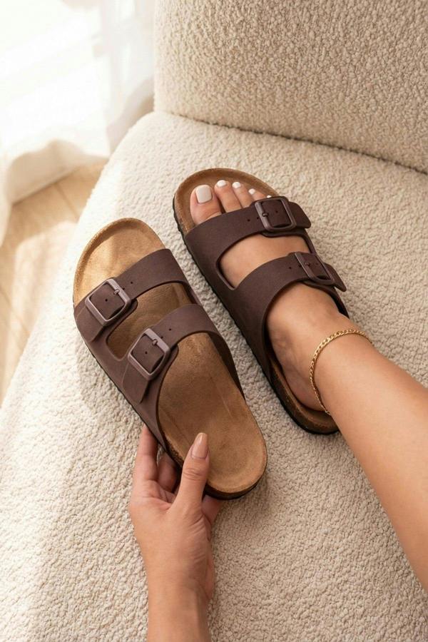 Harper Womens Double Buckle Cork Slide Sandals - LIGHT BROWN