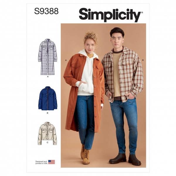 Simplicity Sewing Pattern 9388, Shirts, Jackets for Women, Men, A (XXS-XS-S-M-L-XL-XXL) - Intermediate