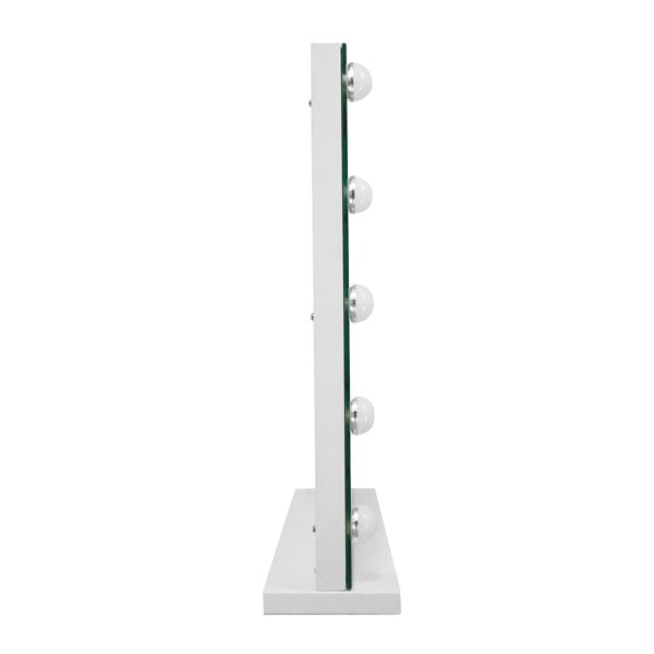 LED Bluetooth mirror with a sleek white frame, featuring five round bulbs on one side, ideal for makeup application and styling