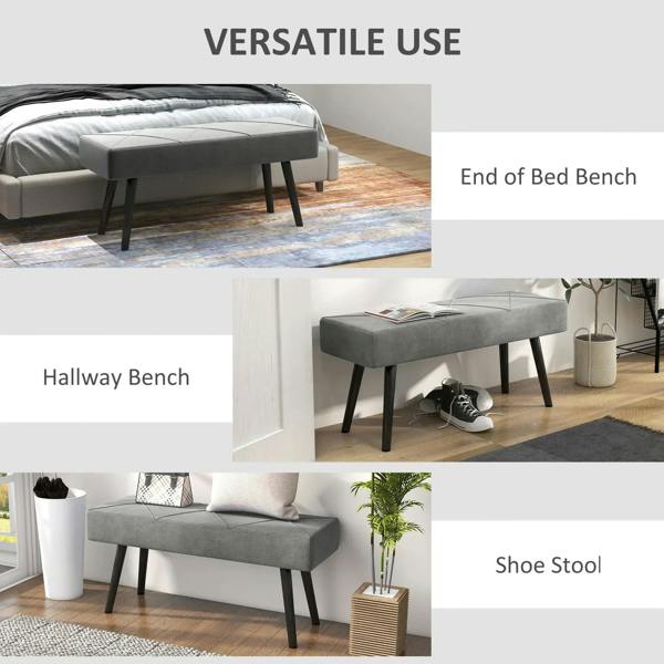 Grey upholstered hallway bench with padded seat and dark steel legs