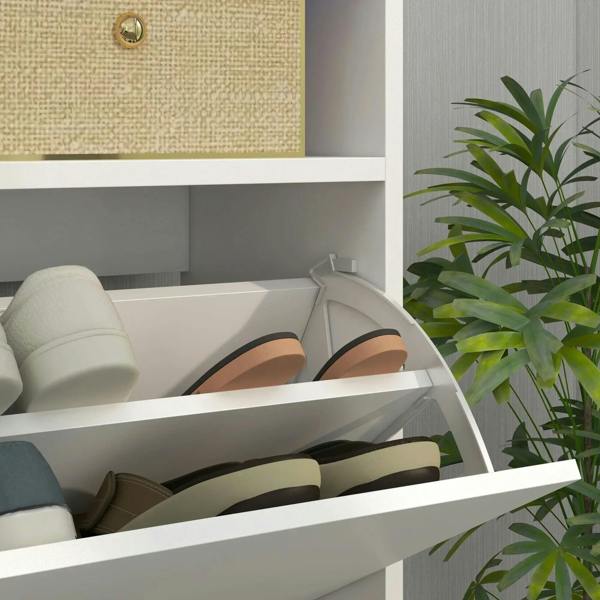 White shoe storage cabinet with flip door open, holding pairs on sliding trays