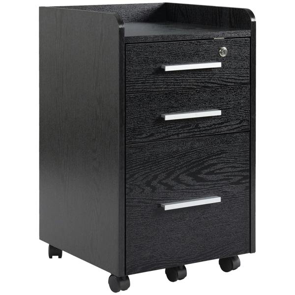 Black three-drawer lockable filing cabinet with three front drawers and pull handles