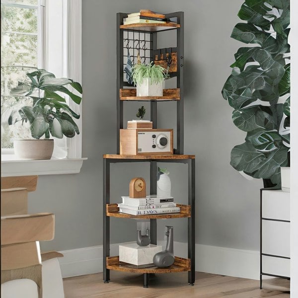 Rafaelo Mobilia Industrial Free-Standing 5 Tier Corner Shelf Rustic Brown