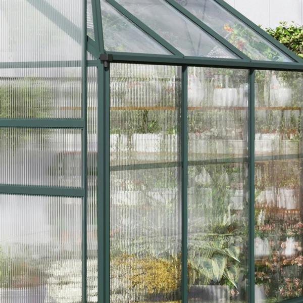 Clear twin-wall polycarbonate wall panels in a greenhouse with vertical and horizontal framing