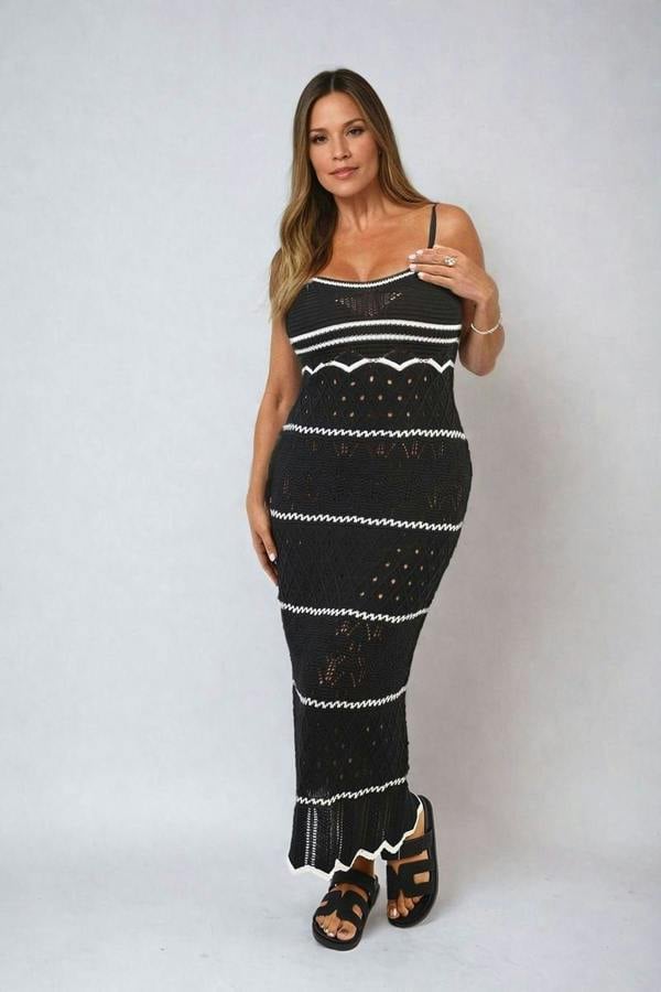 Ariana Strappy Long Knitted Stripe Cami Dress - Black