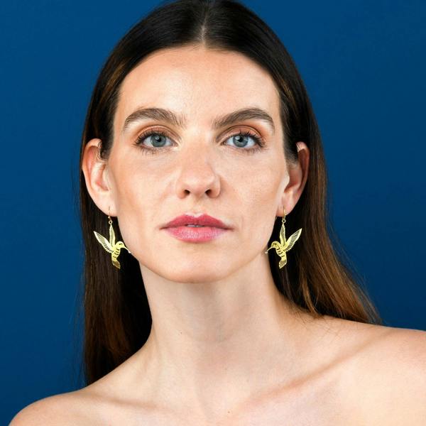 namana Gold Bird Dangle Earrings in a Hummingbird Design for Women