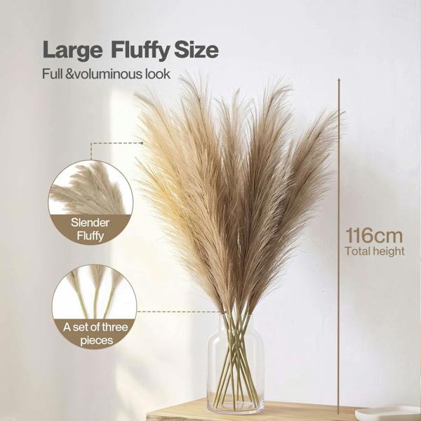 Santaco Pampas Grass Artificial 3Pcs 116cm Handcrafted Faux Silk Vase Brown