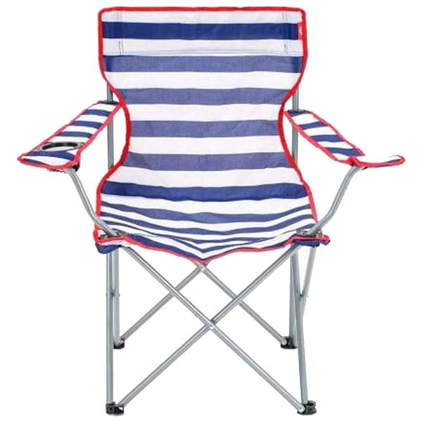 1 x Red & Blue Striped Foldable Outdoor Garden Camping Chairs With Cup Holder & Arm Rest