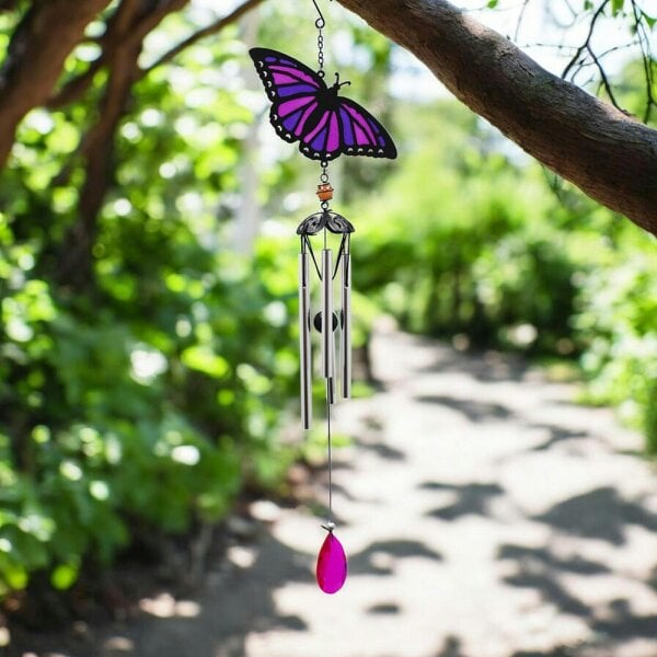 EDH Door Hardware Suncatcher Purple Butterfly Wind Chime (58cm x 14cm x 6cm) – Handmade Metal & Glass Hanging Chime – Outdoor Garden Ornament
