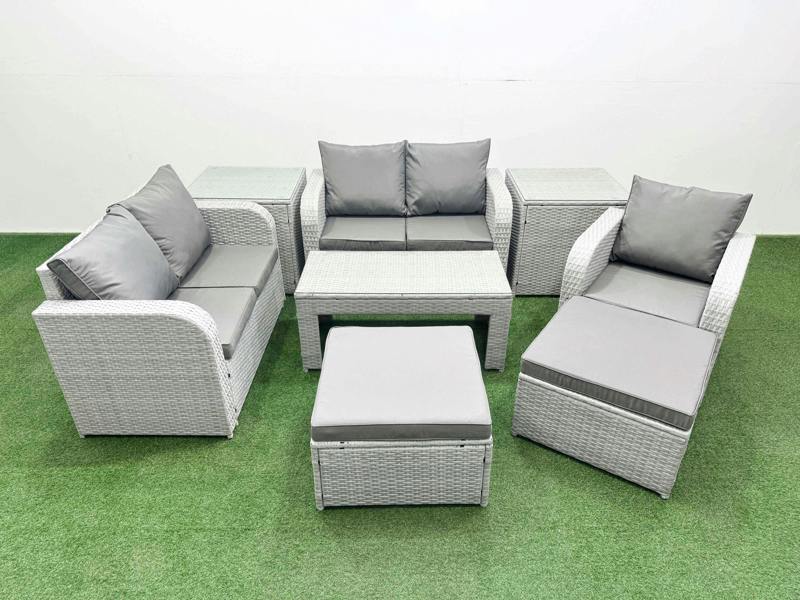 Fimous 2 Big Stool Outdoor Set, High Back Poly Rattan, Reclining Loveseat, Oblong Coffee Table and 2 Side Tables, Light Grey
