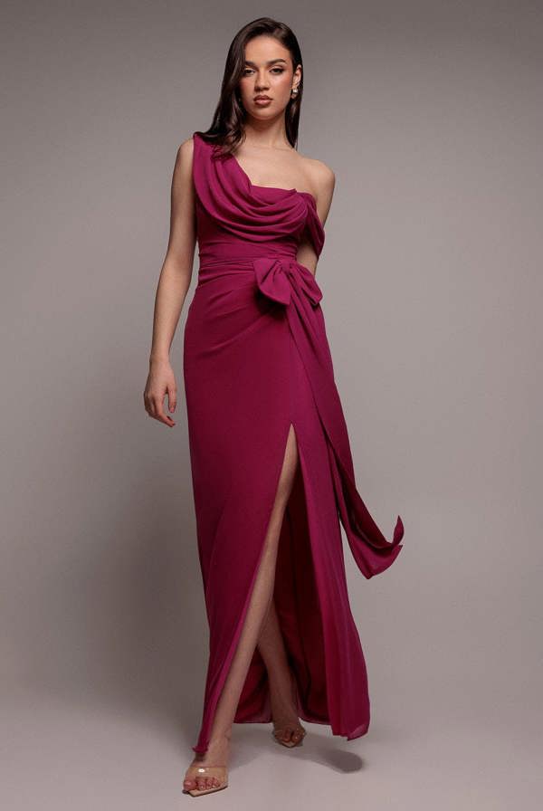 One Shoulder Cowl With Bow Detail Maxi Dress - Magenta DR4606