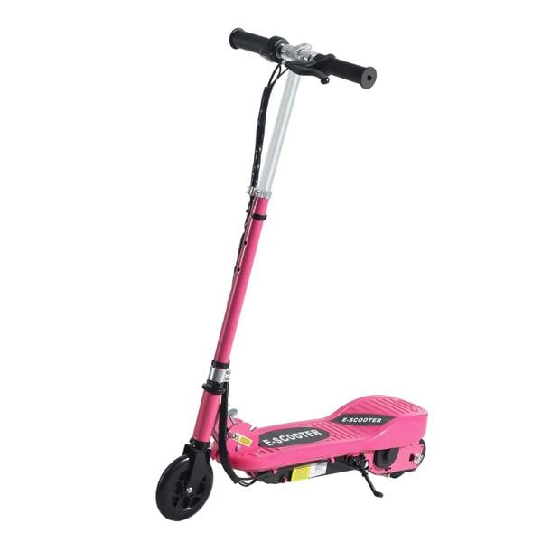 Pink foldable electric kids scooter with black handlebars and front wheel