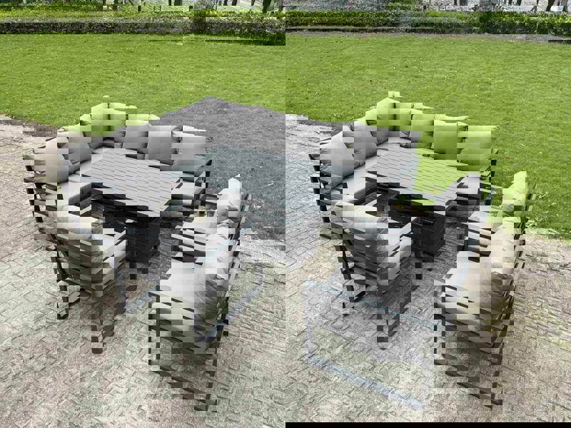 Fimous 9 Seater Aluminium Garden Furniture Set with Adjustable Rising Dining Table, Corner Sofa & 3 Chairs - Grey