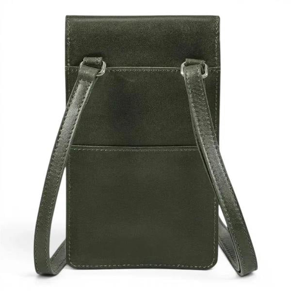 Premium green leather phone purse with vegetable tanned finish and
lightweight design.