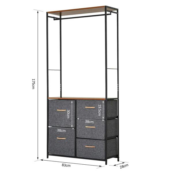 Black steel coat rack chest with brown top and 5 grey foldable drawers; size view