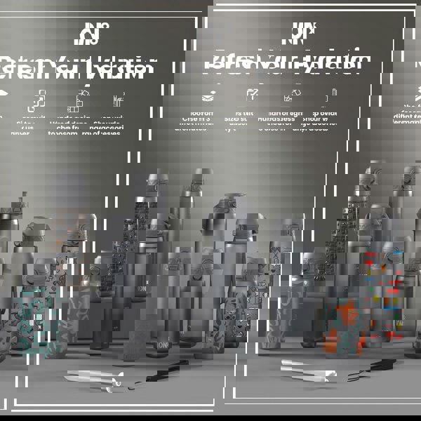 Several water bottles, various sizes and designs, are displayed on a gray surface; some feature playful graphics. ION8 is prominently featured.