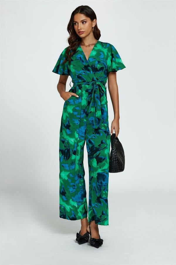 FS Collection Abstract Print Wrap Top Jumpsuit In Green
