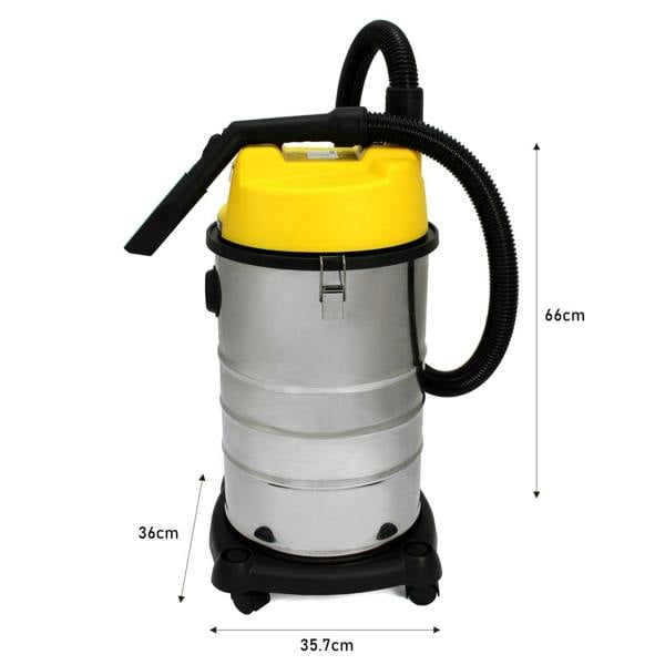 30L wet and dry vacuum with a shiny stainless steel body, yellow top, flexible hose, and sturdy black base, ideal for versatile cleaning tasks