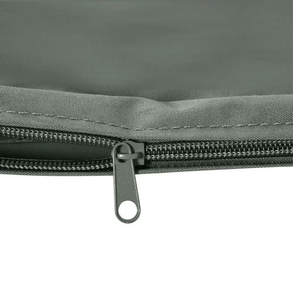 Deep grey cushion cover with visible zipper and metal pull tab