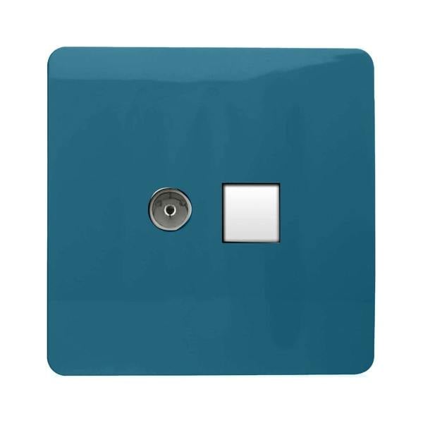 Trendi Switch 2 Gang Female TV Co-Axial & RJ45 Cat 5e PC Ethernet Sockets in Ocean Blue