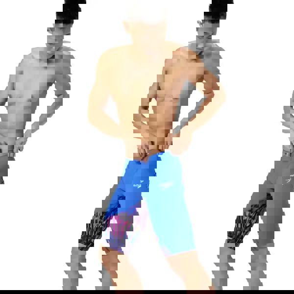 Blue Speedo Fastskin LZR Ignite swim jammer with colorful feathers