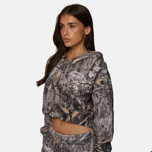 Good For Nothing Brown Cropped Oversized Camo Zip Hoodie - Brown Image 3