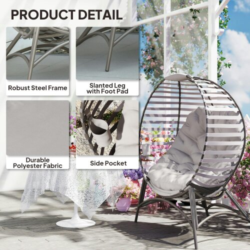 Wyld Haus Lenika Oversized Rattan Light Grey Egg Chair With Cushion And Side Storage Pocket