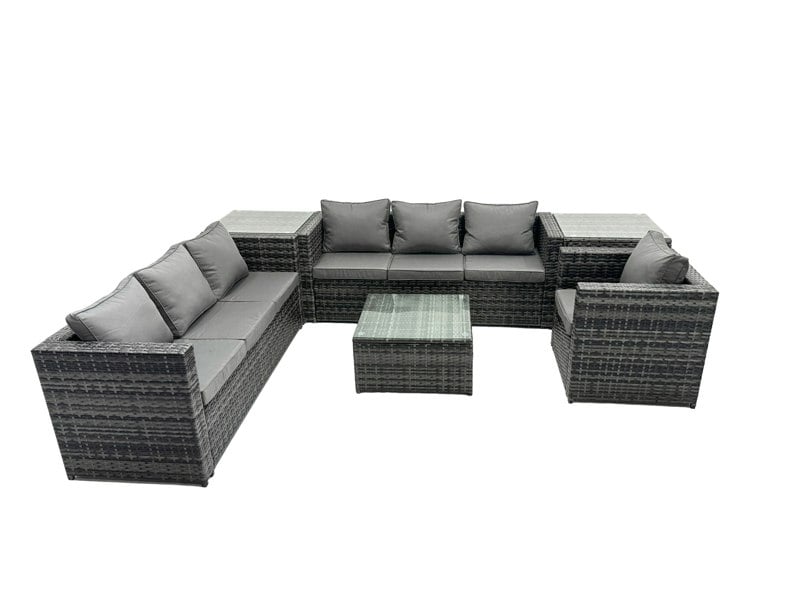 Fimous Outdoor Rattan Garden Furniture Set 7 Seater Patio Lounge Sofa Set with Armchair Square Coffee Table Side Table Dark Grey Mixed