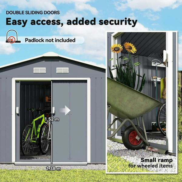 Grey metal shed with lockable double sliding doors and front entry ramp area