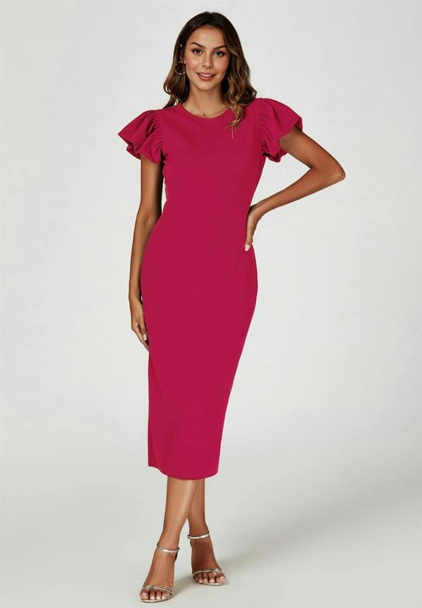 FS Collection Volume Sleeve Bodycon Midi Dress In Fuchsia