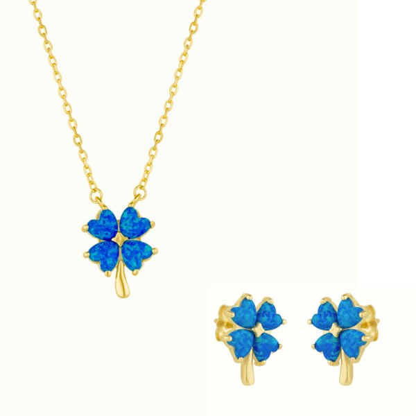 Spero London Blue Opal Four Leaf Clover Sterling Silver Necklace & Earring Set