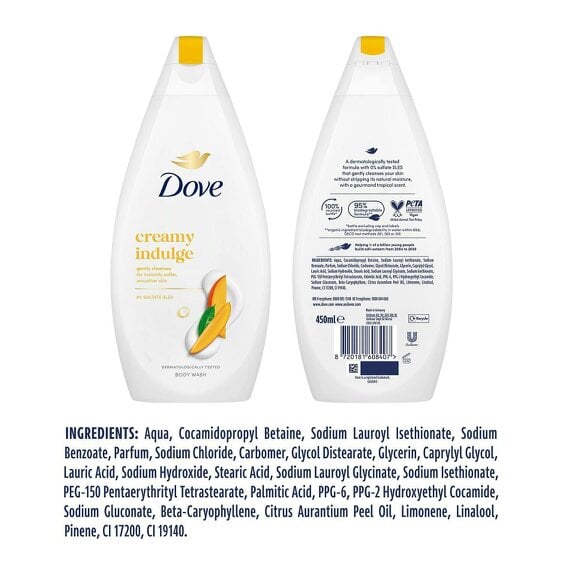 Dove Creamy Indulge Body Wash 12 Pack, 0% Sulfate SLES Shower Gel, 450ml