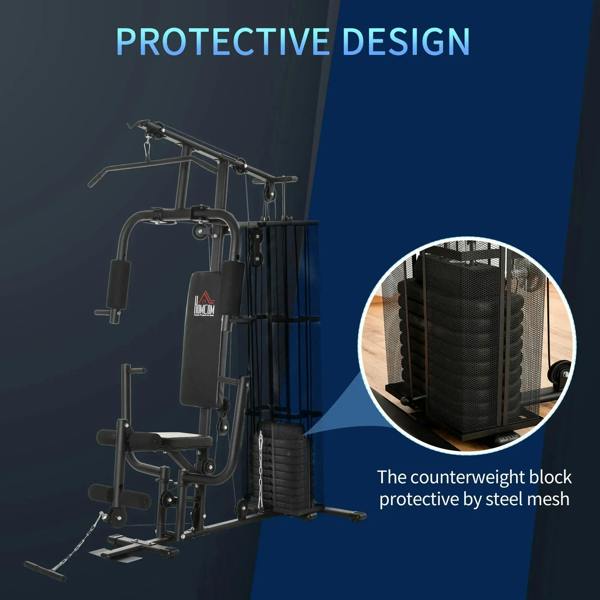 Black home gym station with protective counterweight block behind steel mesh